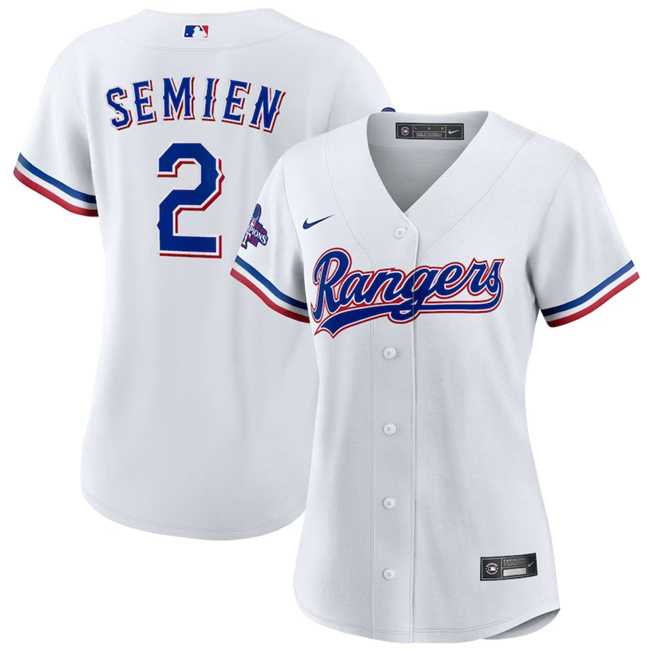 Women's Texas Rangers #2 Marcus Semien White 2023 World Series Champions Stitched Jersey(Run Small) Dzhi